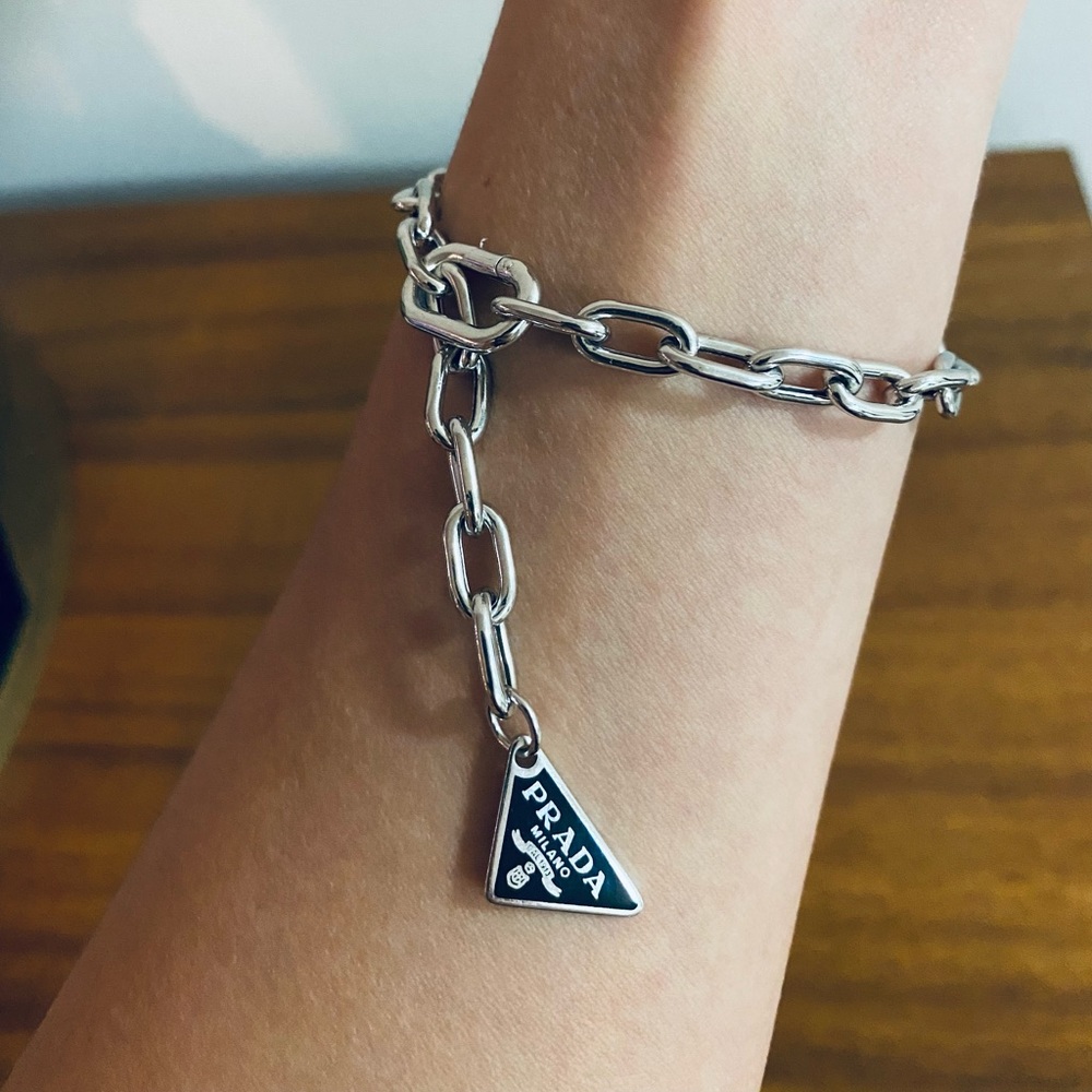 Prada silver chain triangle logo bracelet